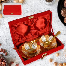 5636 gold silver plated 2 bowl 2 spoon tray set brass with red velvet gift box serving dry fruits desserts gift