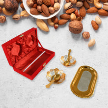 5636 gold silver plated 2 bowl 2 spoon tray set brass with red velvet gift box serving dry fruits desserts gift