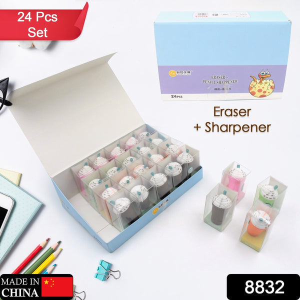 2in1 3d cute coffee or ice cream shape sharpner like rotary manual pencil sharpener for kids ice cream style office school supplies back to school gift for students kids educational stationary kit bday return gift 24 pcs set