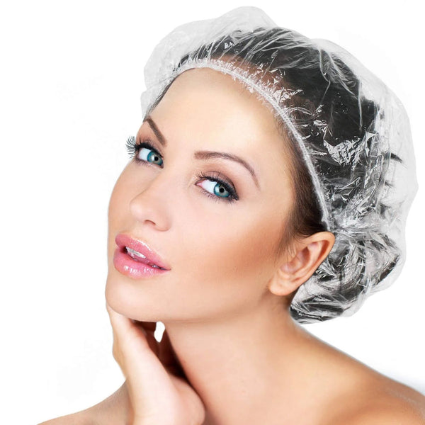 disposable shower caps for women larger thicker waterproof and individually wrapped plastic elastic hair bath caps for hotel and spa hair salon home use portable travel 10 pc set