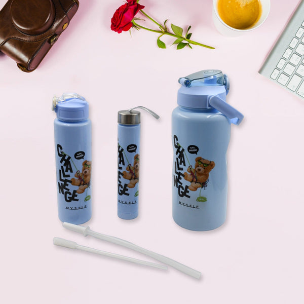 plastic water bottle 3pc set 3 different size bottle high quality water bottle plastic water bottle bpa free leak proof cartoon printed design for kids school for fridge office sports school gym yoga 3 pc set 1