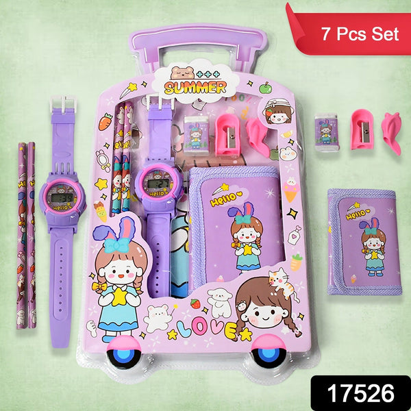 17526 stationery set for girls and boys kids return gift 7 in 1 school items for kids pencils eraser sharpener pouch pencil extender birthday gift idea stationary kit set for school kids pack of 7 pcs set