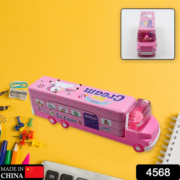 double decker magic truck compass multi level metal truck compass pencil case with movable wheels sharpener mix design 1